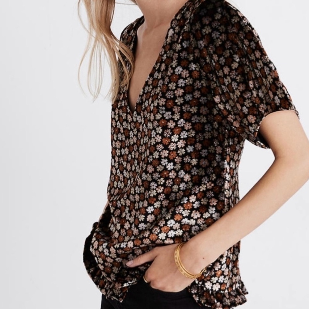 Madewell Velvet Floral Ruffle Short Sleeve Blouse